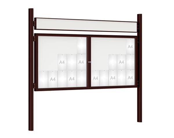 Schaukasten 1000 mit Quatro-Pfosten Farbe:RAL 8017|Abmessungen:30 A4 - B 2250 x H 1050 mm - 2-flügelig|Pfosten:Mittelpfosten zum Einbetonieren - Mit Titelleiste