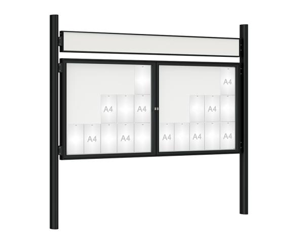 Schaukasten 1000 mit Quatro-Pfosten Farbe:RAL 9005|Abmessungen:30 A4 - B 2250 x H 1050 mm - 2-flügelig|Pfosten:Mittelpfosten zum Einbetonieren - Mit Titelleiste