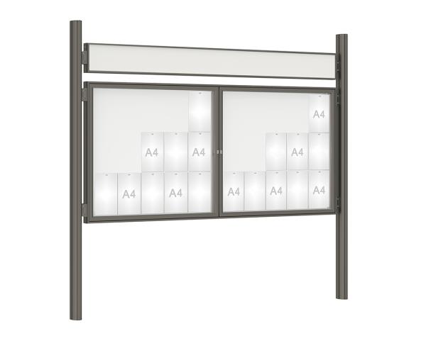 Schaukasten 1000 mit Quatro-Pfosten Farbe:Procity grau|Abmessungen:30 A4 - B 2250 x H 1050 mm - 2-flügelig|Pfosten:Mittelpfosten zum Einbetonieren - Mit Titelleiste