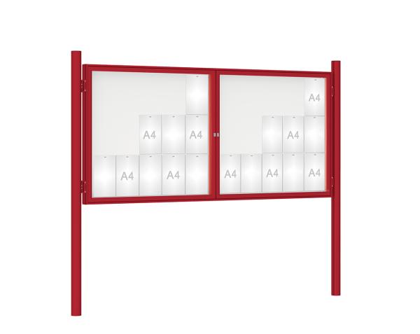 Schaukasten 1000 mit Pfosten Ø 76 mm Farbe:RAL 3004|Abmessungen:30 A4 - B 2250 x H 1050 mm - 2-flügelig|Pfosten:Pfosten-Set zum Einbetonieren - Ohne Titelleiste