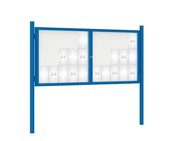 Schaukasten 1000 mit Pfosten Ø 76 mm Farbe:RAL 5010|Abmessungen:30 A4 - B 2250 x H 1050 mm - 2-flügelig|Pfosten:Pfosten-Set zum Einbetonieren - Ohne Titelleiste