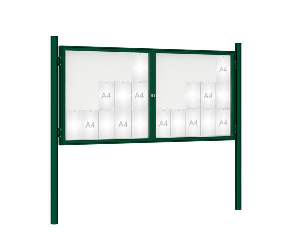 Schaukasten 1000 mit Pfosten Ø 76 mm Farbe:RAL 6005|Abmessungen:30 A4 - B 2250 x H 1050 mm - 2-flügelig|Pfosten:Pfosten-Set zum Einbetonieren - Ohne Titelleiste