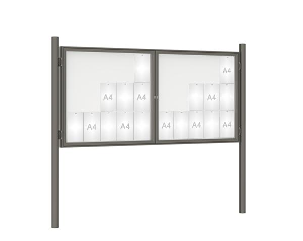 Schaukasten 1000 mit Pfosten Ø 76 mm Farbe:Procity grau|Abmessungen:30 A4 - B 2250 x H 1050 mm - 2-flügelig|Pfosten:Pfosten-Set zum Einbetonieren - Ohne Titelleiste