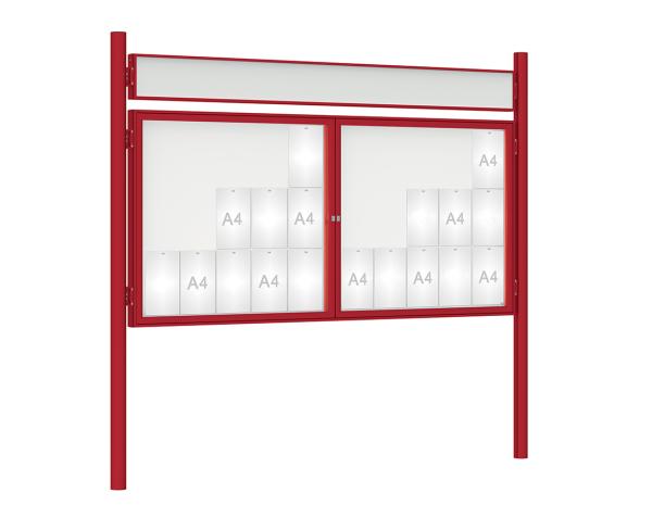 Schaukasten 1000 mit Pfosten Ø 76 mm Farbe:RAL 3004|Abmessungen:30 A4 - B 2250 x H 1050 mm - 2-flügelig|Pfosten:Pfosten-Set zum Einbetonieren - Mit Titelleiste