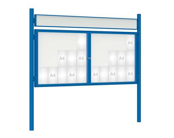 Schaukasten 1000 mit Pfosten Ø 76 mm Farbe:RAL 5010|Abmessungen:30 A4 - B 2250 x H 1050 mm - 2-flügelig|Pfosten:Pfosten-Set zum Einbetonieren - Mit Titelleiste