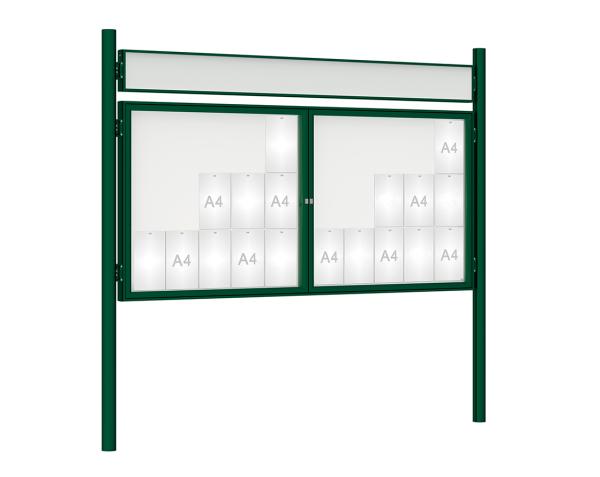 Schaukasten 1000 mit Pfosten Ø 76 mm Farbe:RAL 6005|Abmessungen:30 A4 - B 2250 x H 1050 mm - 2-flügelig|Pfosten:Pfosten-Set zum Einbetonieren - Mit Titelleiste