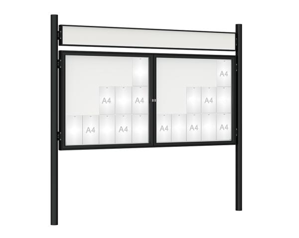 Schaukasten 1000 mit Pfosten Ø 76 mm Farbe:RAL 9005|Abmessungen:30 A4 - B 2250 x H 1050 mm - 2-flügelig|Pfosten:Pfosten-Set zum Einbetonieren - Mit Titelleiste