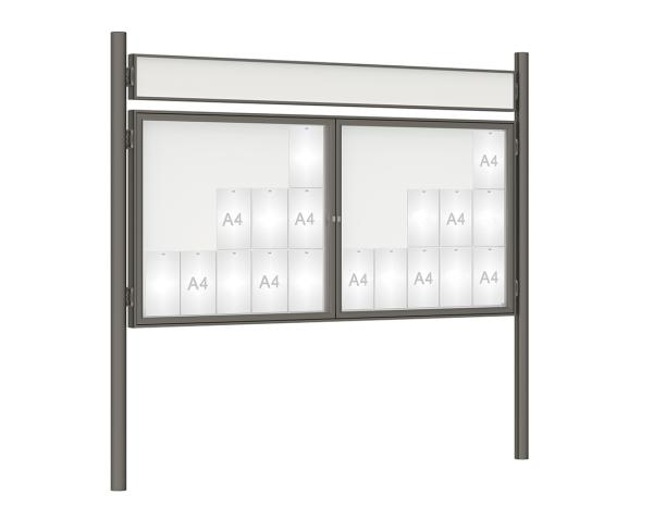 Schaukasten 1000 mit Pfosten Ø 76 mm Farbe:Procity grau|Abmessungen:30 A4 - B 2250 x H 1050 mm - 2-flügelig|Pfosten:Pfosten-Set zum Einbetonieren - Mit Titelleiste