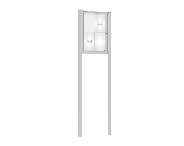 Schaukasten Tradition mit Pfosten Farbe:Silber eloxiert|Abmessungen:4 A4 - B 550 x H 750 mm - Flügeltür|Pfosten:Mittelpfosten zum Einbetonieren