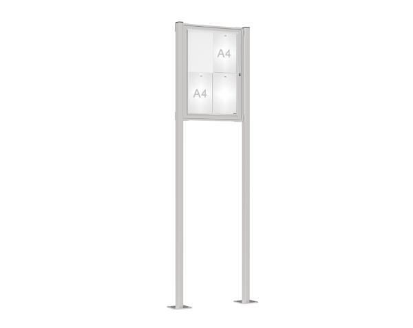 Schaukasten Tradition mit Pfosten Farbe:Silber eloxiert|Abmessungen:4 A4 - B 550 x H 750 mm - Flügeltür|Pfosten:Pfosten-Set auf Bodenplatten