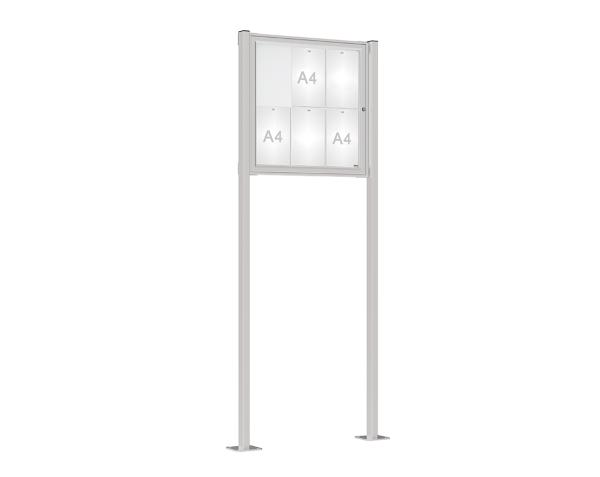 Schaukasten Tradition mit Pfosten Farbe:Silber eloxiert|Abmessungen:6 A4 - B 750 x H 750 mm - Flügeltür|Pfosten:Pfosten-Set auf Bodenplatten