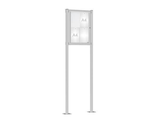 Schaukasten Klassik mit Pfosten Farbe:Silber eloxiert|Abmessungen:4 A4 - B 550 x H 750 mm - Flügeltür|Pfosten:Pfosten-Set auf Bodenplatten
