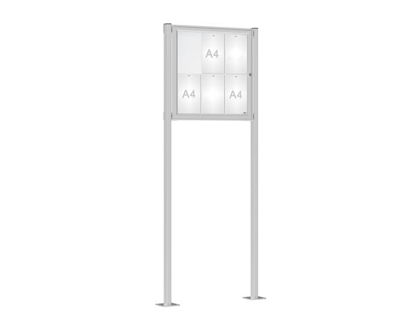 Schaukasten Klassik mit Pfosten Farbe:Silber eloxiert|Abmessungen:6 A4 - B 750 x H 750 mm - Flügeltür|Pfosten:Pfosten-Set auf Bodenplatten
