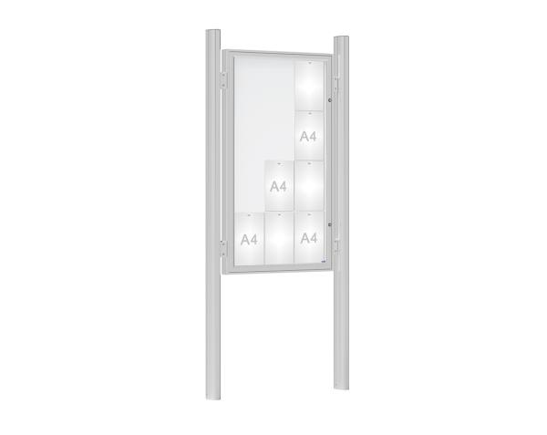 Schaukasten 1000 mit Quatro-Pfosten Farbe:Silber eloxiert|Abmessungen:12 A4 - B 750 x H 1350 mm - Flügeltür|Pfosten:Pfosten-Set zum Einbetonieren - Ohne Titelleiste