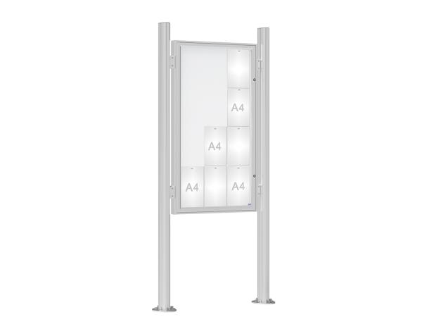 Schaukasten 1000 mit Quatro-Pfosten Farbe:Silber eloxiert|Abmessungen:12 A4 - B 750 x H 1350 mm - Flügeltür|Pfosten:Mittelpfosten auf Bodenplatte - Ohne Titelleiste
