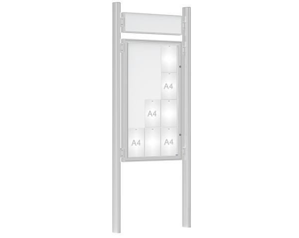 Schaukasten 1000 mit Quatro-Pfosten Farbe:Silber eloxiert|Abmessungen:12 A4 - B 750 x H 1350 mm - Flügeltür|Pfosten:Mittelpfosten zum Einbetonieren - Mit Titelleiste