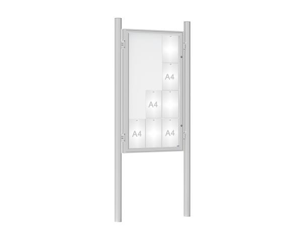 Schaukasten 1000 mit Pfosten Ø 76 mm Farbe:Silber eloxiert|Abmessungen:12 A4 - B 750 x H 1350 mm - Flügeltür|Pfosten:Pfosten-Set zum Einbetonieren - Ohne Titelleiste