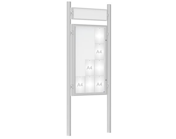 Schaukasten 1000 mit Pfosten Ø 76 mm Farbe:Silber eloxiert|Abmessungen:12 A4 - B 750 x H 1350 mm - Flügeltür|Pfosten:Pfosten-Set zum Einbetonieren - Mit Titelleiste