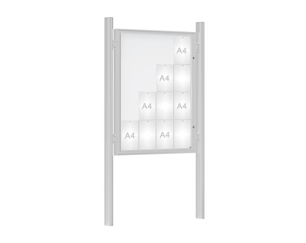 Schaukasten 1000 mit Quatro-Pfosten Farbe:Silber eloxiert|Abmessungen:16 A4 - B 1000 x H 1350 mm - Flügeltür|Pfosten:Pfosten-Set zum Einbetonieren - Ohne Titelleiste