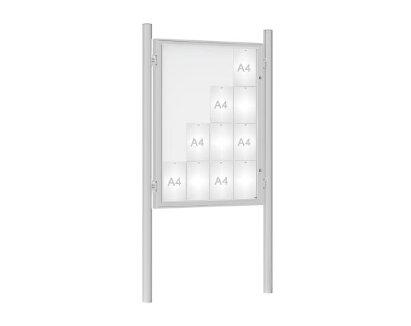 Schaukasten 1000 mit Pfosten Ø 76 mm Farbe:Silber eloxiert|Abmessungen:16 A4 - B 1000 x H 1350 mm - Flügeltür|Pfosten:Pfosten-Set zum Einbetonieren - Ohne Titelleiste