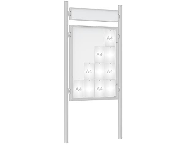 Schaukasten 1000 mit Pfosten Ø 76 mm Farbe:Silber eloxiert|Abmessungen:16 A4 - B 1000 x H 1350 mm - Flügeltür|Pfosten:Pfosten-Set zum Einbetonieren - Mit Titelleiste