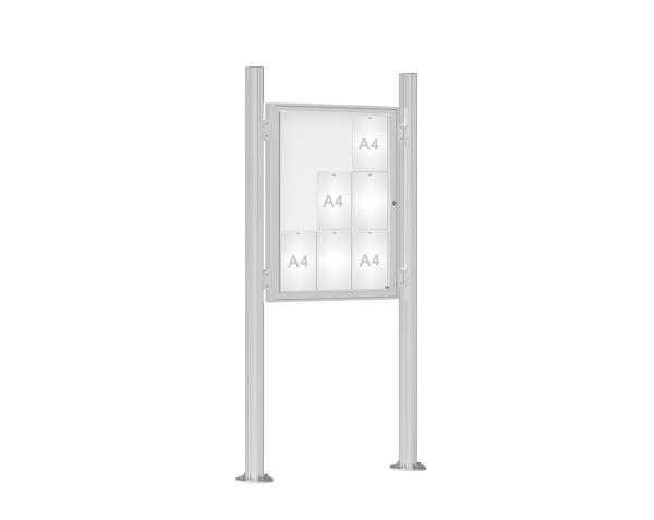 Schaukasten 1000 mit Quatro-Pfosten Farbe:Silber eloxiert|Abmessungen:9 A4 - B 750 x H 1000 mm - Flügeltür|Pfosten:Pfosten-Set auf Bodenplatten - Ohne Titelleiste