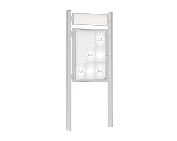 Schaukasten 1000 mit Quatro-Pfosten Farbe:Silber eloxiert|Abmessungen:9 A4 - B 750 x H 1000 mm - Flügeltür|Pfosten:Mittelpfosten zum Einbetonieren - Mit Titelleiste
