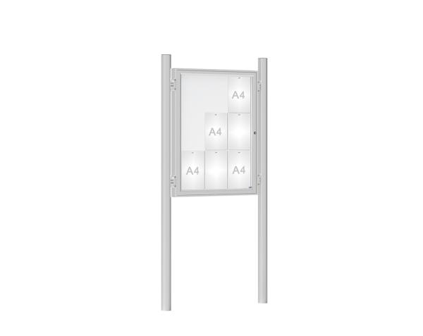 Schaukasten 1000 mit Pfosten Ø 76 mm Farbe:Silber eloxiert|Abmessungen:9 A4 - B 750 x H 1000 mm - Flügeltür|Pfosten:Pfosten-Set zum Einbetonieren - Ohne Titelleiste