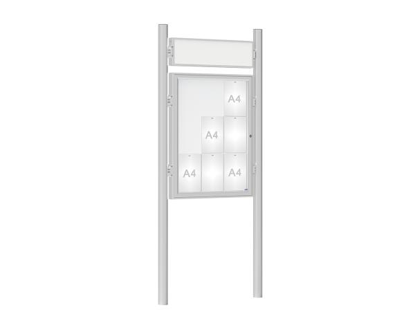 Schaukasten 1000 mit Pfosten Ø 76 mm Farbe:Silber eloxiert|Abmessungen:9 A4 - B 750 x H 1000 mm - Flügeltür|Pfosten:Pfosten-Set zum Einbetonieren - Mit Titelleiste