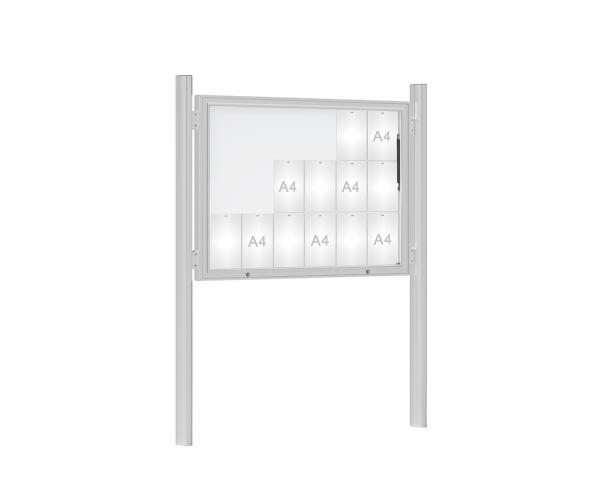 Schaukasten 1000 mit Quatro-Pfosten Farbe:Silber eloxiert|Abmessungen:18 A4 - B 1350 x H 1000 mm - Klapptür|Pfosten:Pfosten-Set zum Einbetonieren - Ohne Titelleiste