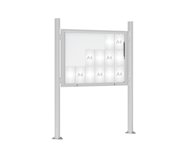 Schaukasten 1000 mit Quatro-Pfosten Farbe:Silber eloxiert|Abmessungen:18 A4 - B 1350 x H 1000 mm - Klapptür|Pfosten:Mittelpfosten auf Bodenplatte - Ohne Titelleiste