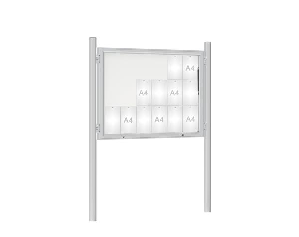 Schaukasten 1000 mit Pfosten Ø 76 mm Farbe:Silber eloxiert|Abmessungen:18 A4 - B 1350 x H 1000 mm - Klapptür|Pfosten:Pfosten-Set zum Einbetonieren - Ohne Titelleiste