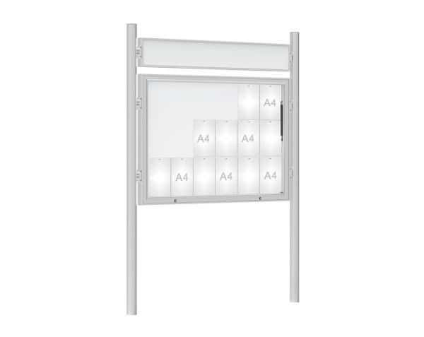 Schaukasten 1000 mit Pfosten Ø 76 mm Farbe:Silber eloxiert|Abmessungen:18 A4 - B 1350 x H 1000 mm - Klapptür|Pfosten:Pfosten-Set zum Einbetonieren - Mit Titelleiste