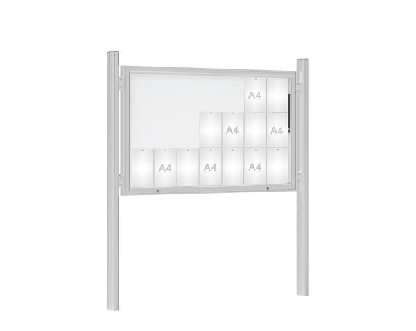 Schaukasten 1000 mit Quatro-Pfosten Farbe:Silber eloxiert|Abmessungen:21 A4 - B 1600 x H 1000 mm - Klapptür|Pfosten:Mittelpfosten zum Einbetonieren - Ohne Titelleiste