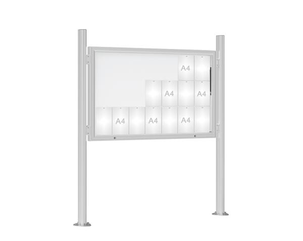 Schaukasten 1000 mit Quatro-Pfosten Farbe:Silber eloxiert|Abmessungen:21 A4 - B 1600 x H 1000 mm - Klapptür|Pfosten:Mittelpfosten auf Bodenplatte - Ohne Titelleiste