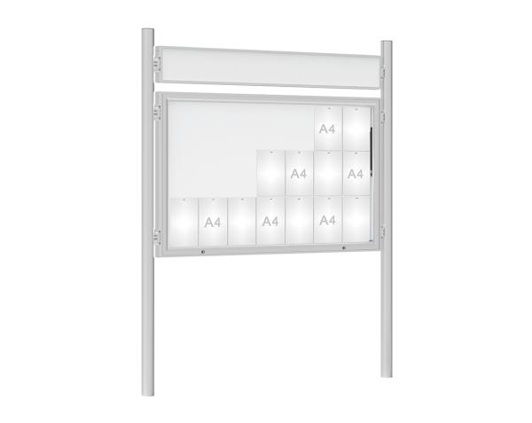 Schaukasten 1000 mit Pfosten Ø 76 mm Farbe:Silber eloxiert|Abmessungen:21 A4 - B 1600 x H 1000 mm - Klapptür|Pfosten:Pfosten-Set zum Einbetonieren - Mit Titelleiste