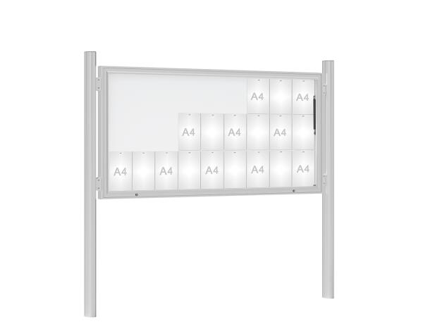 Schaukasten 1000 mit Quatro-Pfosten Farbe:Silber eloxiert|Abmessungen:27 A4 - B 2010 x H 1000 mm - Klapptür|Pfosten:Pfosten-Set zum Einbetonieren - Ohne Titelleiste
