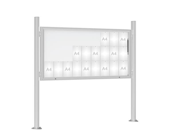 Schaukasten 1000 mit Quatro-Pfosten Farbe:Silber eloxiert|Abmessungen:27 A4 - B 2010 x H 1000 mm - Klapptür|Pfosten:Pfosten-Set auf Bodenplatten - Ohne Titelleiste