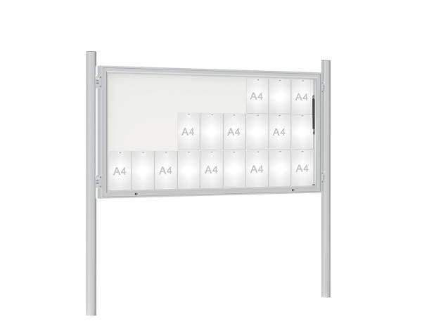 Schaukasten 1000 mit Pfosten Ø 76 mm Farbe:Silber eloxiert|Abmessungen:27 A4 - B 2010 x H 1000 mm - Klapptür|Pfosten:Pfosten-Set zum Einbetonieren - Ohne Titelleiste