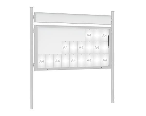 Schaukasten 1000 mit Pfosten Ø 76 mm Farbe:Silber eloxiert|Abmessungen:27 A4 - B 2010 x H 1000 mm - Klapptür|Pfosten:Pfosten-Set zum Einbetonieren - Mit Titelleiste
