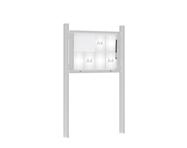 Schaukasten 1000 mit Quatro-Pfosten Farbe:Silber eloxiert|Abmessungen:8 A4 - B 1000 x H 750 mm - Klapptür|Pfosten:Mittelpfosten zum Einbetonieren - Ohne Titelleiste