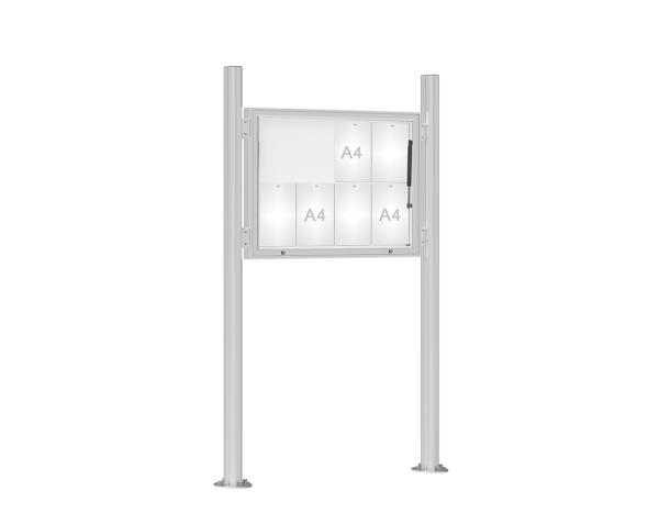 Schaukasten 1000 mit Quatro-Pfosten Farbe:Silber eloxiert|Abmessungen:8 A4 - B 1000 x H 750 mm - Klapptür|Pfosten:Mittelpfosten auf Bodenplatte - Ohne Titelleiste
