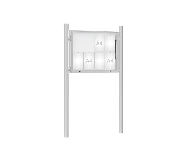 Schaukasten 1000 mit Pfosten Ø 76 mm Farbe:Silber eloxiert|Abmessungen:8 A4 - B 1000 x H 750 mm - Klapptür|Pfosten:Pfosten-Set zum Einbetonieren - Ohne Titelleiste