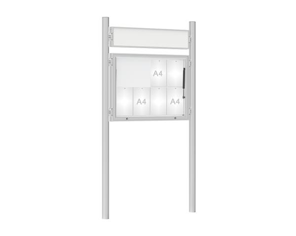 Schaukasten 1000 mit Pfosten Ø 76 mm Farbe:Silber eloxiert|Abmessungen:8 A4 - B 1000 x H 750 mm - Klapptür|Pfosten:Pfosten-Set zum Einbetonieren - Mit Titelleiste