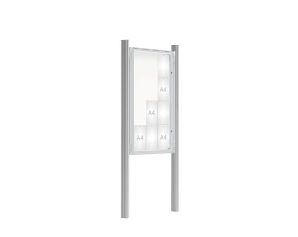 Schaukasten 2000 mit Quatro-Pfosten Farbe:Silber eloxiert|Abmessungen:12 A4 - B 750 x H 1350 mm - Flügeltür|Pfosten:Mittelpfosten zum Einbetonieren - Ohne Titelleiste