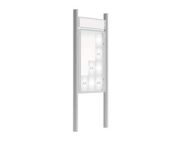 Schaukasten 2000 mit Quatro-Pfosten Farbe:Silber eloxiert|Abmessungen:12 A4 - B 750 x H 1350 mm - Flügeltür|Pfosten:Mittelpfosten zum Einbetonieren - Mit Titelleiste