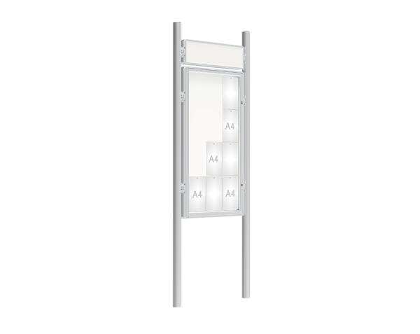 Schaukasten 2000 mit Pfosten Ø 76 mm Farbe:Silber eloxiert|Abmessungen:12 A4 - B 750 x H 1350 mm - Flügeltür|Pfosten:Pfosten-Set zum Einbetonieren - Mit Titelleiste