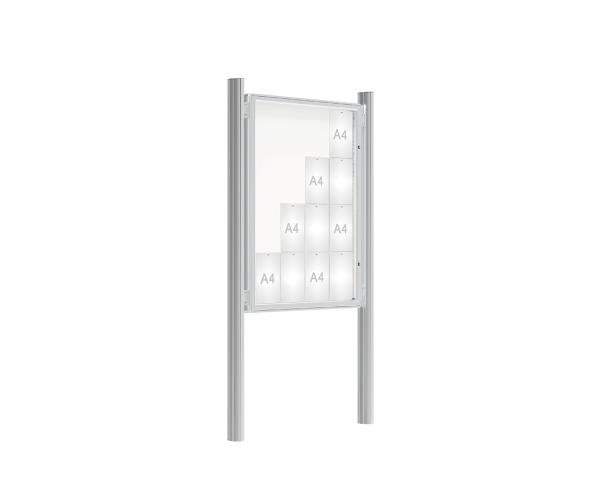 Schaukasten 2000 mit Quatro-Pfosten Farbe:Silber eloxiert|Abmessungen:16 A4 - B 1000 x H 1350 mm - Flügeltür|Pfosten:Mittelpfosten zum Einbetonieren - Ohne Titelleiste