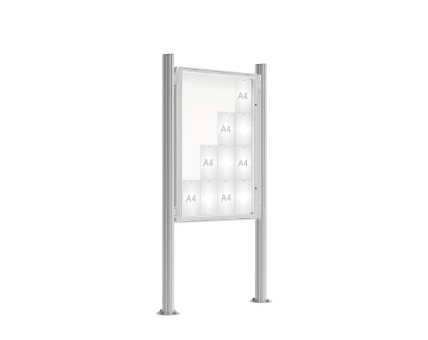 Schaukasten 2000 mit Quatro-Pfosten Farbe:Silber eloxiert|Abmessungen:16 A4 - B 1000 x H 1350 mm - Flügeltür|Pfosten:Pfosten-Set zum Einbetonieren - Mit Titelleiste