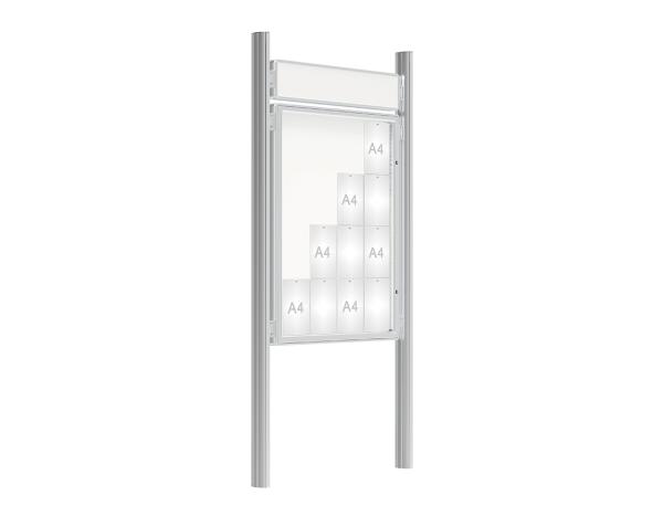 Schaukasten 2000 mit Quatro-Pfosten Farbe:Silber eloxiert|Abmessungen:16 A4 - B 1000 x H 1350 mm - Flügeltür|Pfosten:Mittelpfosten zum Einbetonieren - Mit Titelleiste